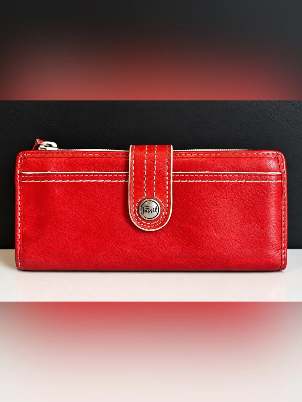 Fossil Red Genuine Leather Organizer Wallet Retro Y2K Zip Pocket